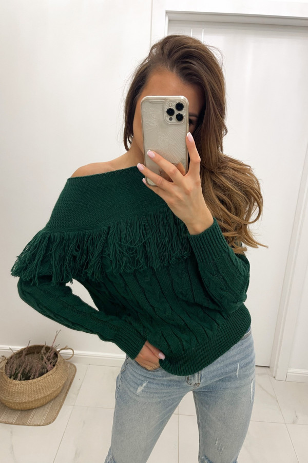 Sweter na jedno ramię z frędzlami MORIS zieleń