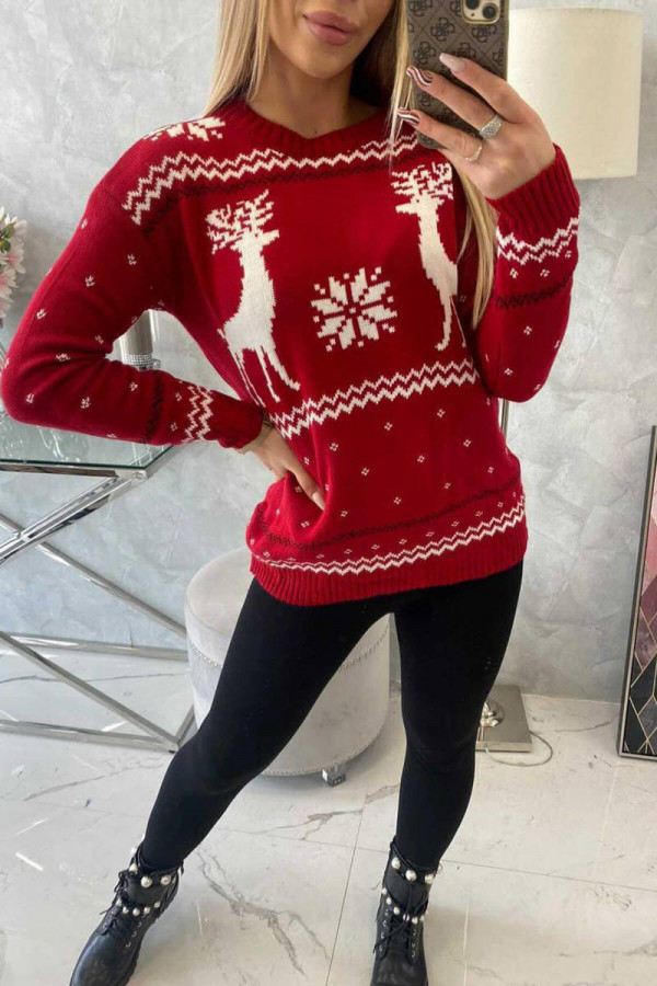 Sweter damski świąteczny z reniferami SANTA czerwony