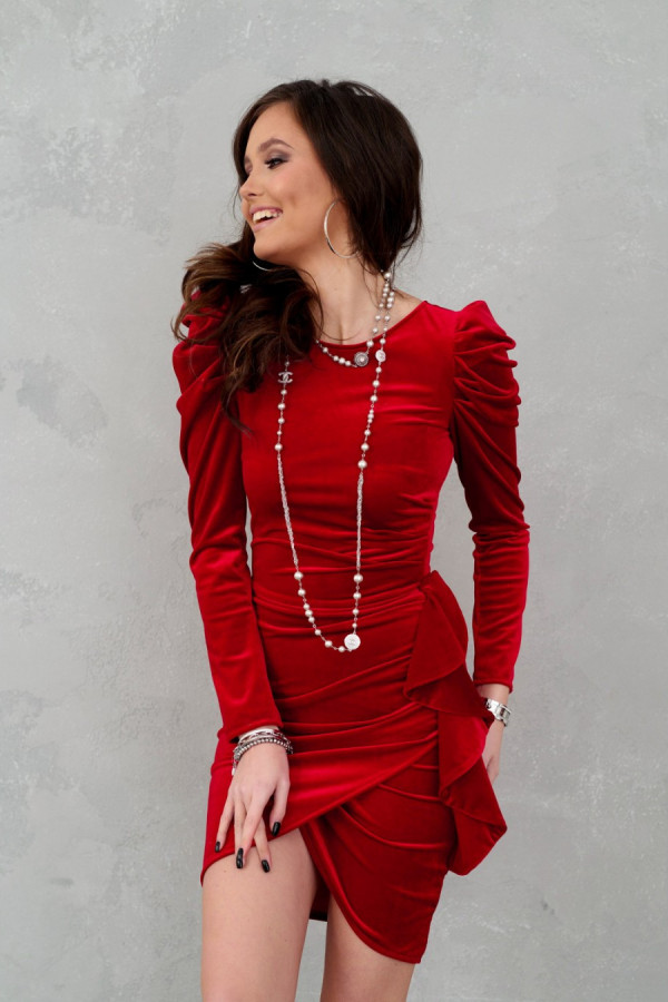 Welurowa mini sukienka z bufkami ADINA czerwona