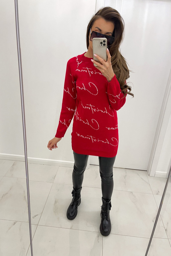 Sweter tunika z napisami MERRY CHRISTMAS czerwony