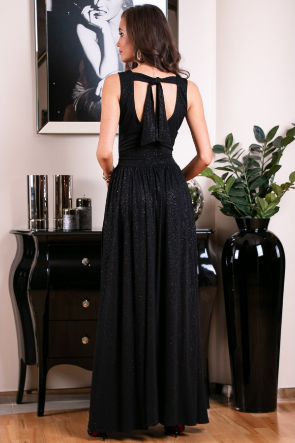 Brokatowa sukienka maxi z wiązaniem na plecach SERINA czarna 3