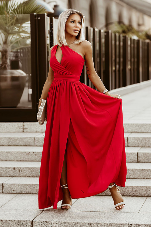 Elegancka długa sukienka na jedno ramię TATIANA czerwień