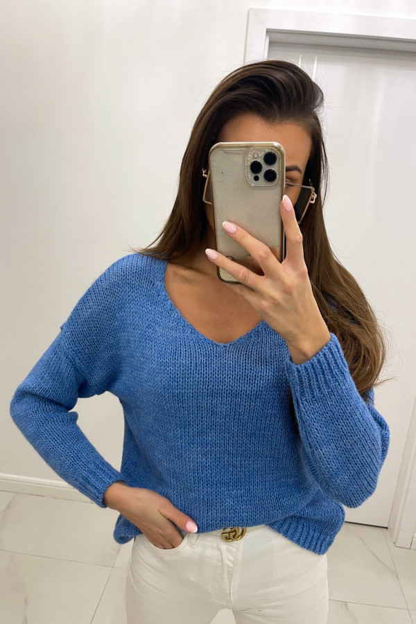Sweter damski oversize v-neck CLASSIC niebieski