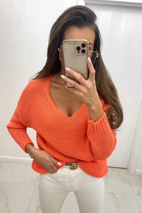 Sweter damski oversize v-neck CLASSIC pomarańcz