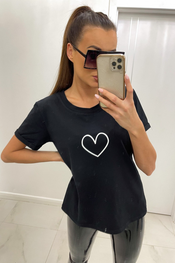 T-shirt damski basic z sercem LOVE czerń