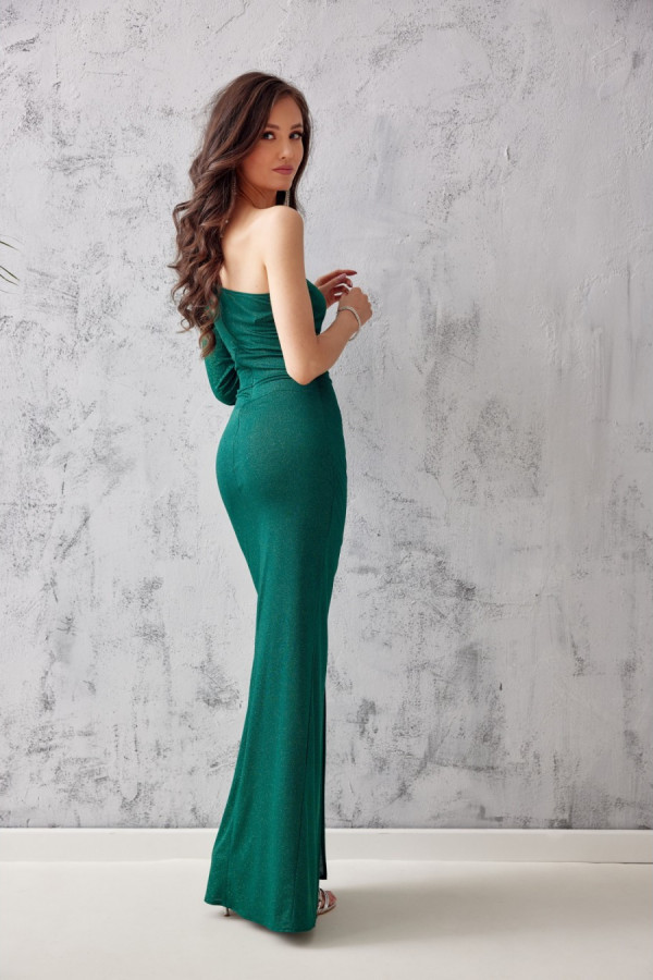 Dopasowana brokatowa sukienka maxi na jedno ramię LAURA zieleń 1