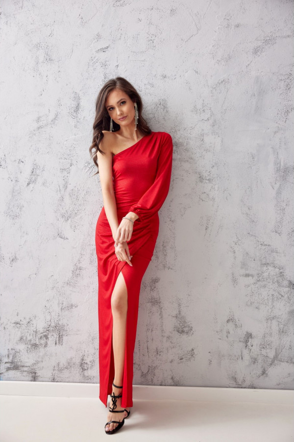 Dopasowana brokatowa sukienka maxi na jedno ramię LAURA czerwień 1