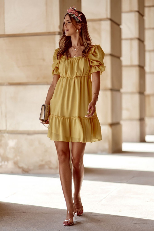 Gładka sukienka z falbanami HILARY żółta