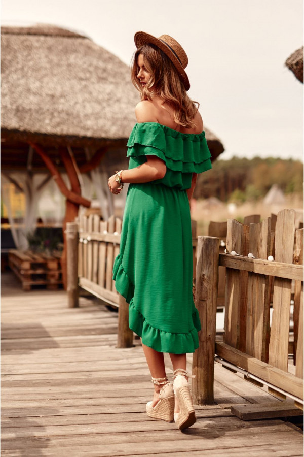 Asymetryczna sukienka hiszpanka z falbanką LETICIA zielona 2