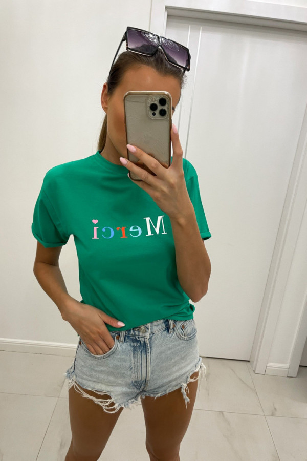 T-shirta damski z napisem MERCI zielony
