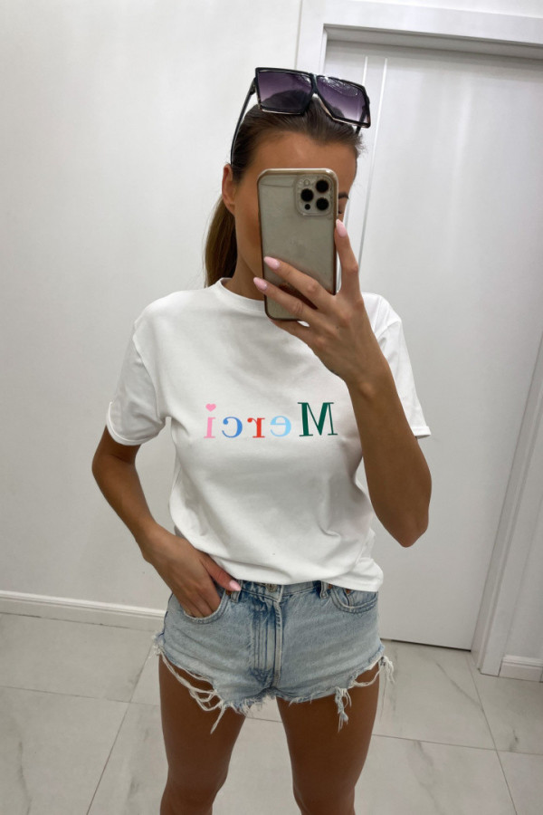 T-shirta damski z napisem MERCI biały