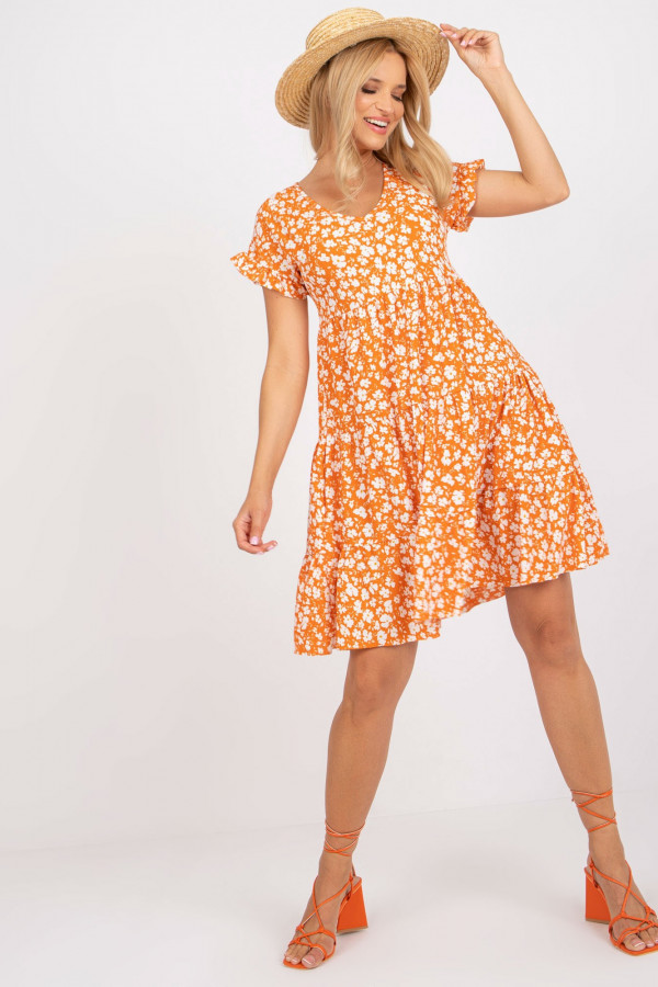 Letnia sukienka z falbaną i kwiatowym printem JASMIN pomarańczowa