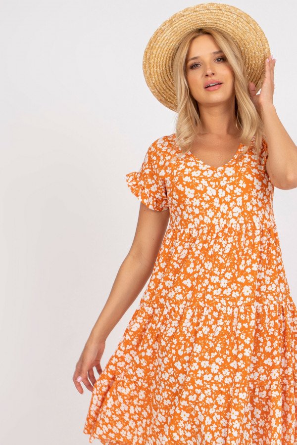 Letnia sukienka z falbaną i kwiatowym printem JASMIN pomarańczowa 2