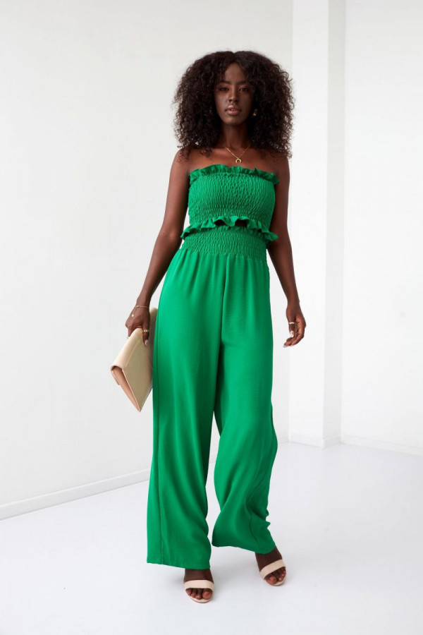 Komplet damski szerokie spodnie z krótkim marszczonym topem AVRIL zielony