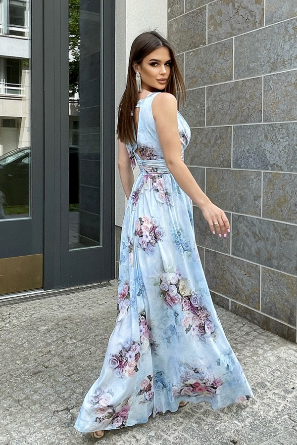Długa sukienka z wiązaniem w kwiaty DOLORES niebieska 2