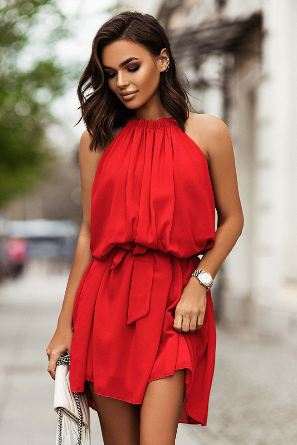 Szyfonowa sukienka z paskiem i wiązaniem na szyi DEBRA czerwona