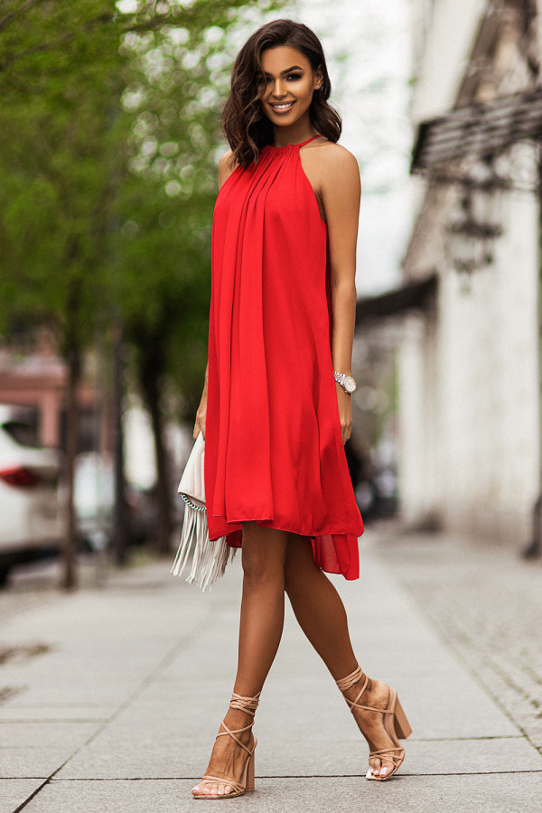 Szyfonowa sukienka z paskiem i wiązaniem na szyi DEBRA czerwona 1