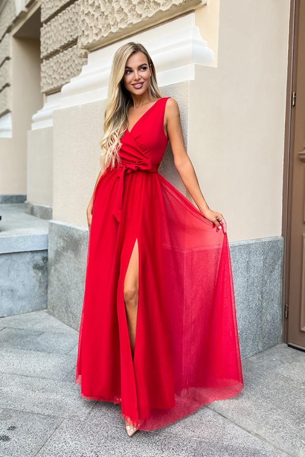 Długa sukienka z wycięciem na nodze HELEN czerwona 1
