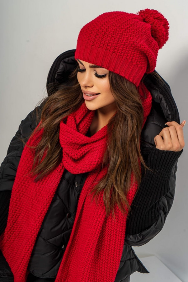 Komplet damski na zimę czapka i szal RICE czerwony
