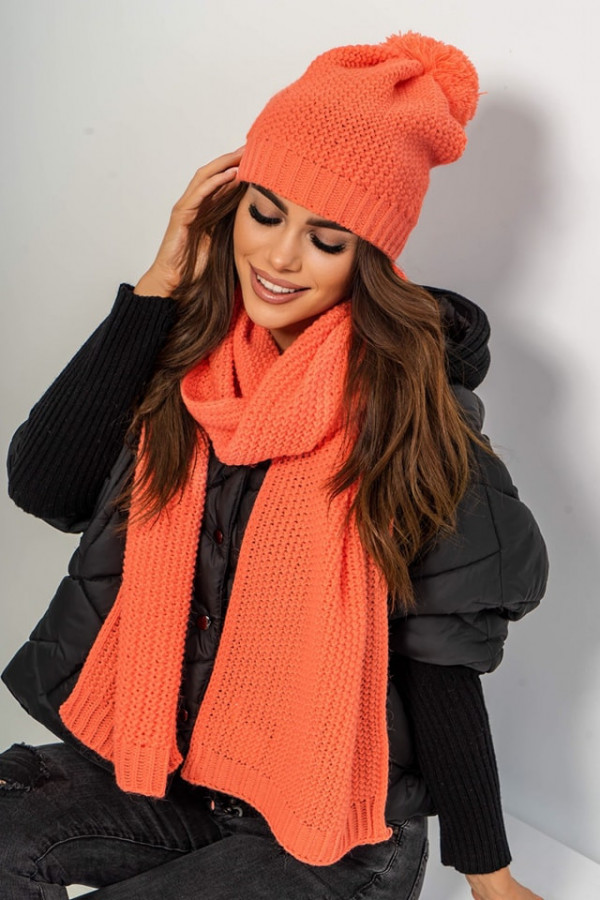 Komplet damski na zimę czapka i szal RICE pomarańczowy