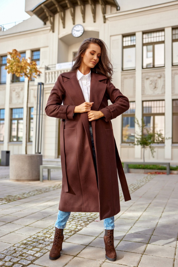 Długi płaszcz wiązany wełna DARCY brązowy 2