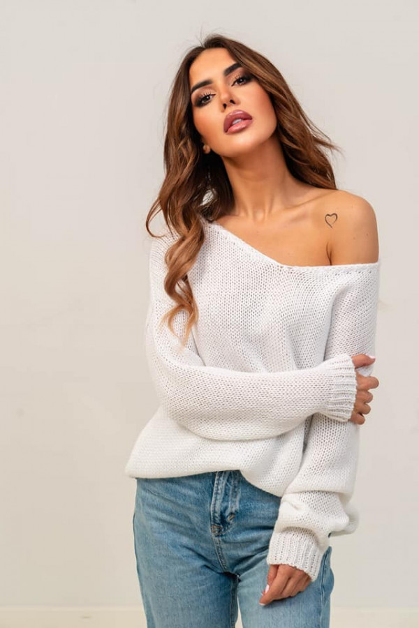 Sweter damski oversize v-neck CLASSIC biały