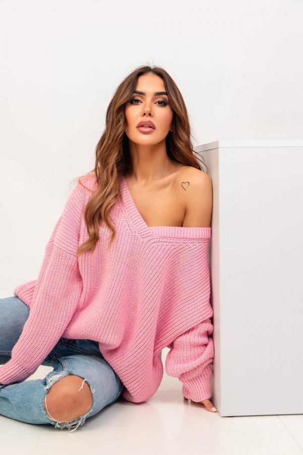 Sweter damski v-neck oversize AVERY różowy