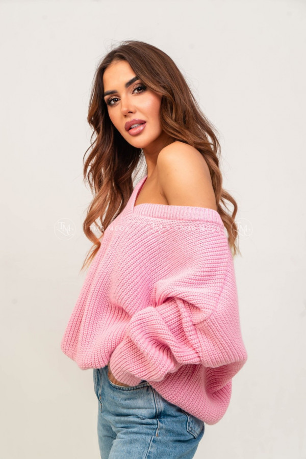 Sweter damski v-neck oversize AVERY różowy 1