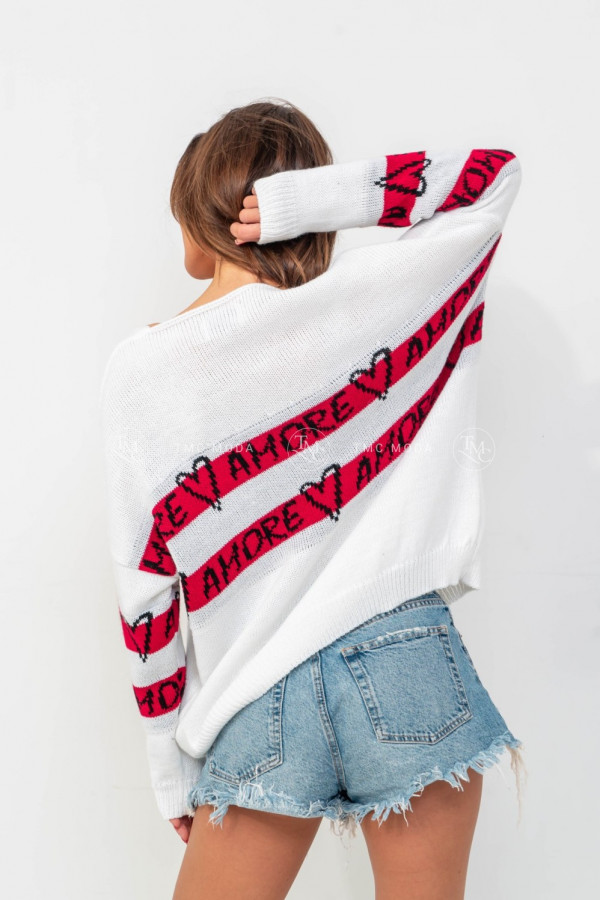 Sweter damski oversize z napisem AMORE biały/czerwony 2