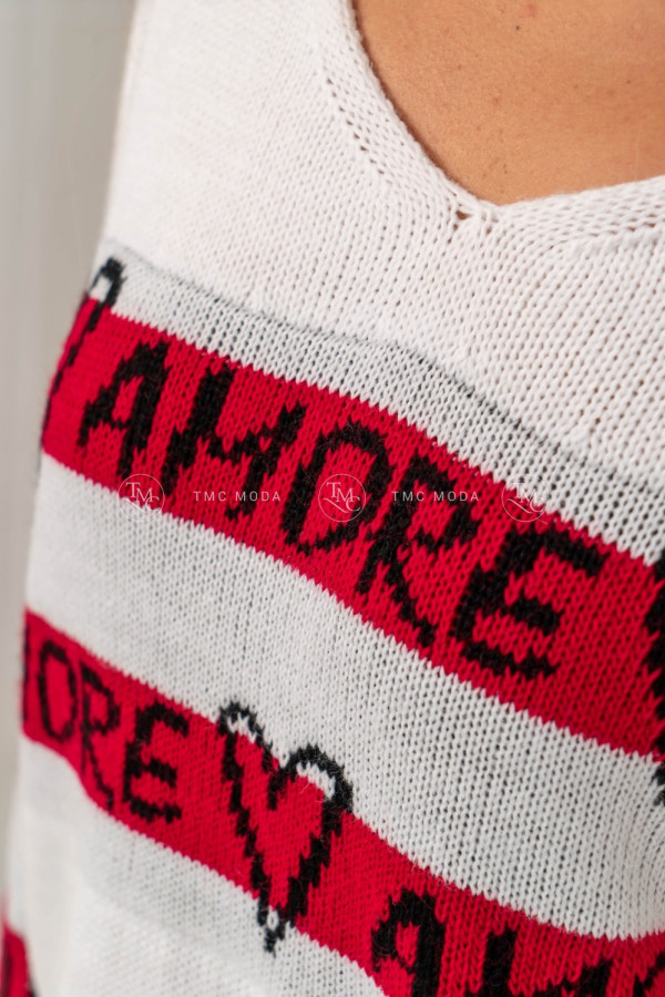 Sweter damski oversize z napisem AMORE biały/czerwony 3