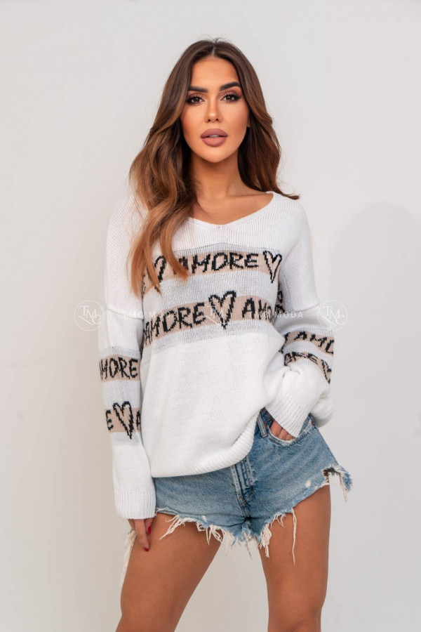 Sweter damski oversize z napisem AMORE biały/beż 1