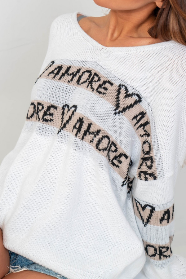 Sweter damski oversize z napisem AMORE biały/beż 3