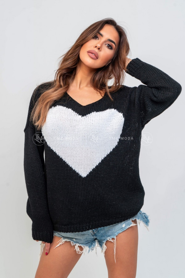 Sweter damski oversize z sercem BIG HEART czarny 1