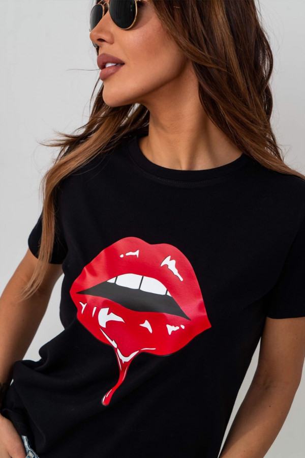T-shirt damski z nadrukiem ust RED LIPS czarny
