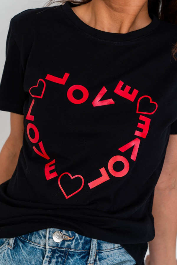 T-shirt damski z nadrukiem serca LOVE HEART czarny