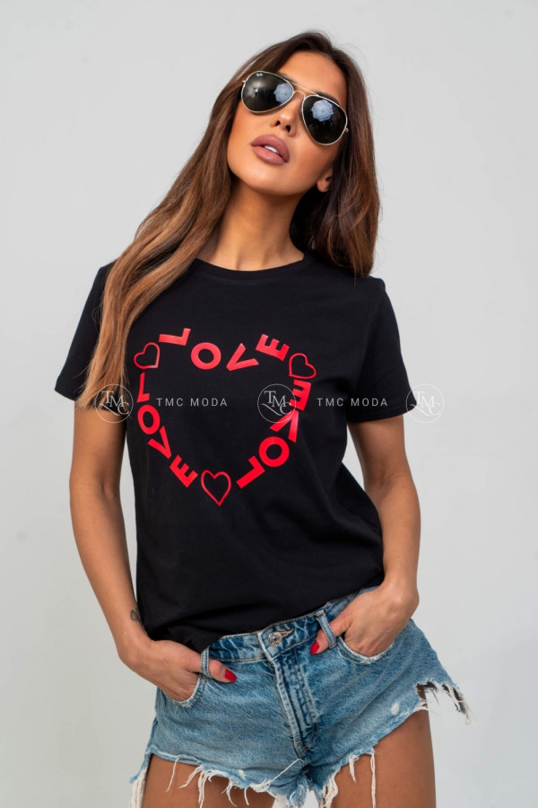 T-shirt damski z nadrukiem serca LOVE HEART czarny 1