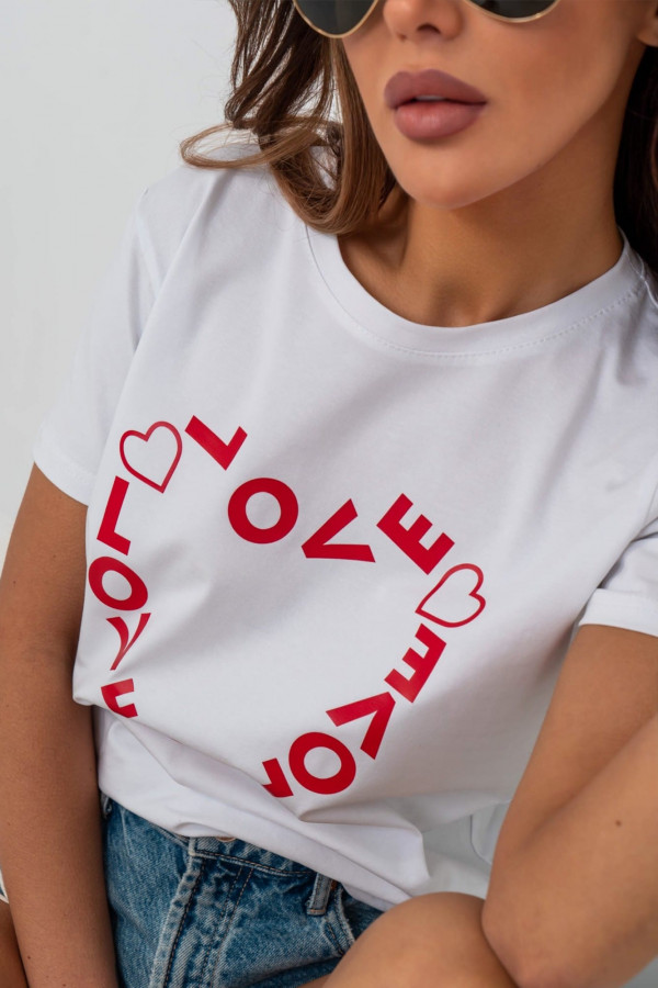 T-shirt damski z nadrukiem serca LOVE HEART biały