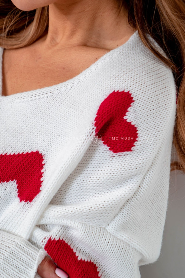 Sweter damski pversice v-neck w serca HEARTS biały/czerwony 1