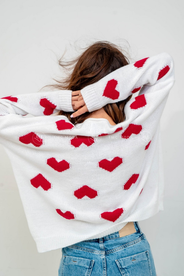 Sweter damski pversice v-neck w serca HEARTS biały/czerwony 2