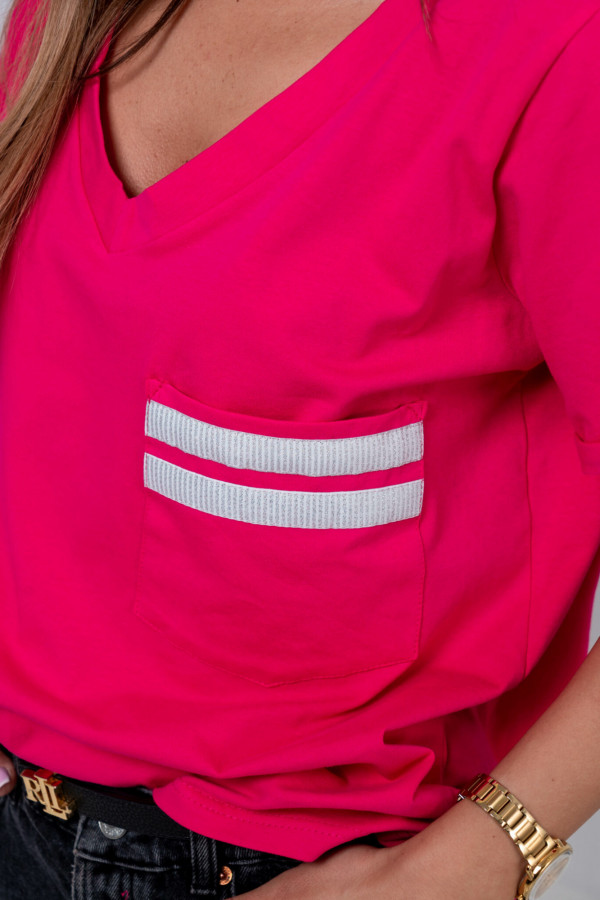 Koszulka damska oversize v-neck z kieszenią SHINE fuksja 2