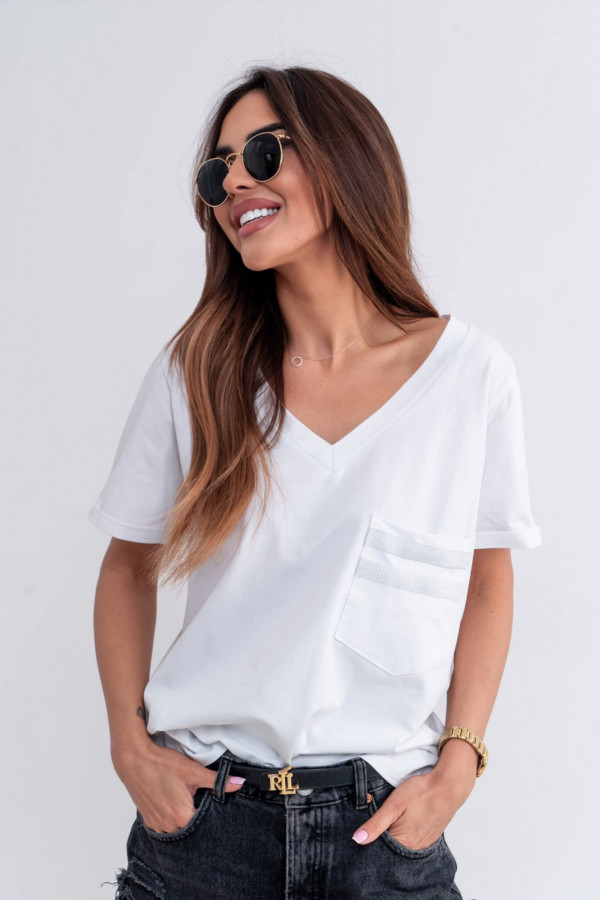 Koszulka damska oversize v-neck z kieszenią SHINE biała