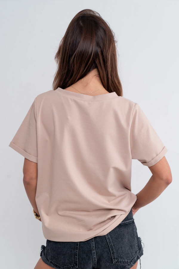 Koszulka damska oversize v-neck z kieszenią SHINE beż 3